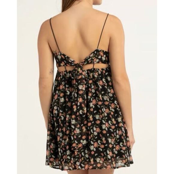RSQ Black Floral Spaghetti Strap Tie Back Mini Y2K Coquette Boho Dress Size M - Picture 2 of 13
